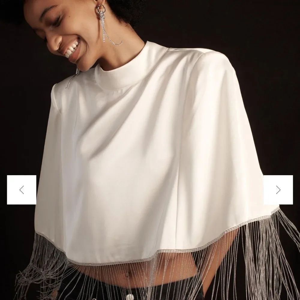 Anthropologie Flat White Beaded Cape Elegant White Fringe